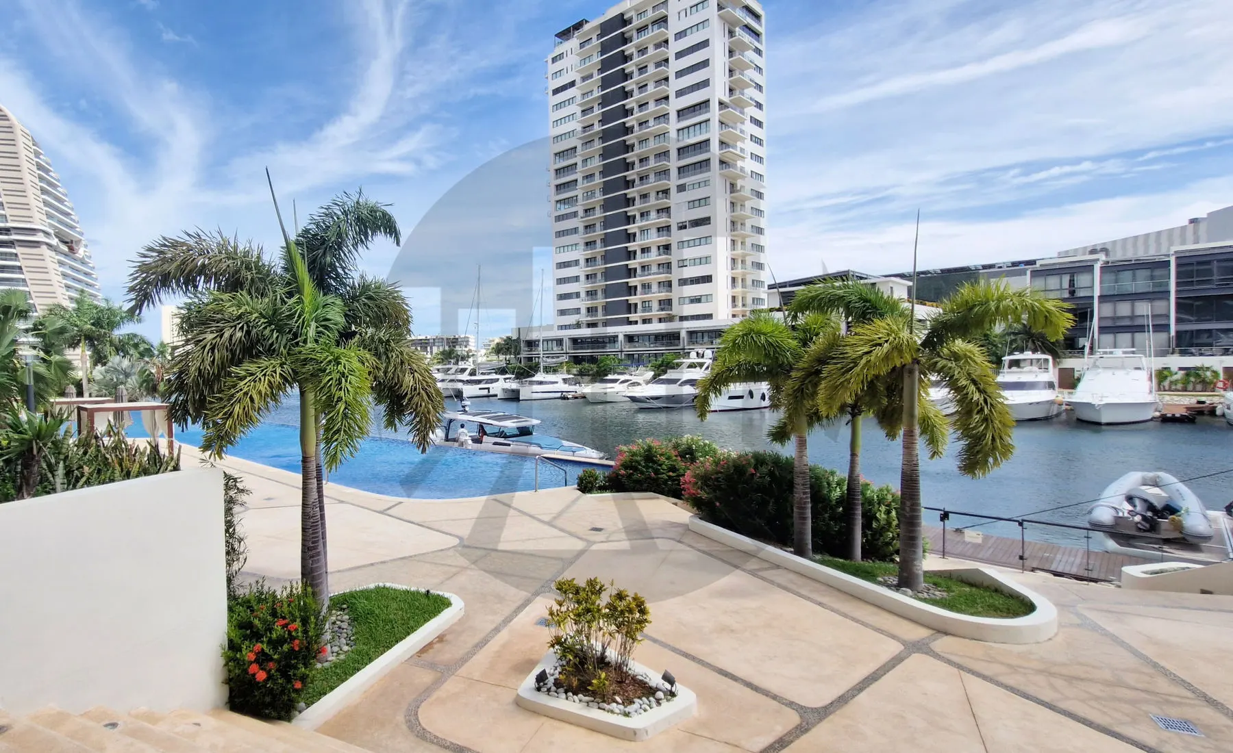 Marina de Puerto Cancún con palmeras y torres residenciales